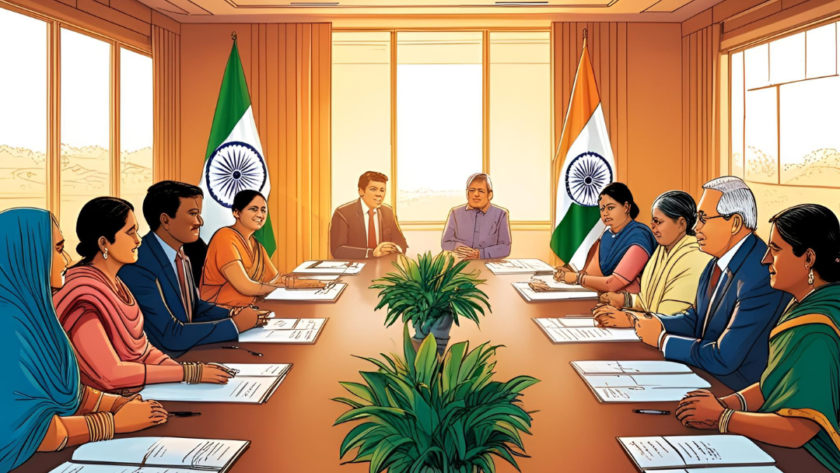 Illustration of an IFAD (International Fund for Agricultural Development) partnership meeting on rural development strategies in India. The image shows a conference room with Indian government officials, IFAD representatives, and rural development experts seated around a long table. Two Indian flags are displayed in the background, and the discussion focuses on enhancing women's roles in agriculture and rural industries. The participants include both men and women in formal and traditional attire, symbolizing collaboration and inclusivity in policymaking.