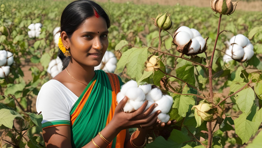 Indian woman in a vibrant green and orange saree standing in a cotton field, holding freshly picked cotton in her hands. She has a warm smile and wears traditional gold jewelry, symbolizing the role of women in agriculture. The background features lush green cotton plants under a clear sky, depicting rural farming and sustainable cotton harvesting."