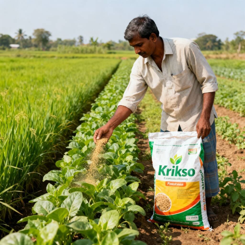 Farmer applying Krikso fertilizers to crops under contract farming