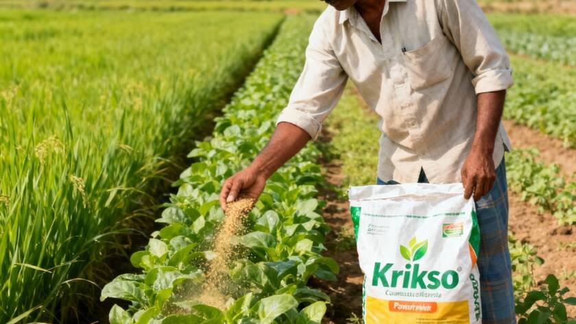 Farmer applying Krikso fertilizers to crops under contract farming