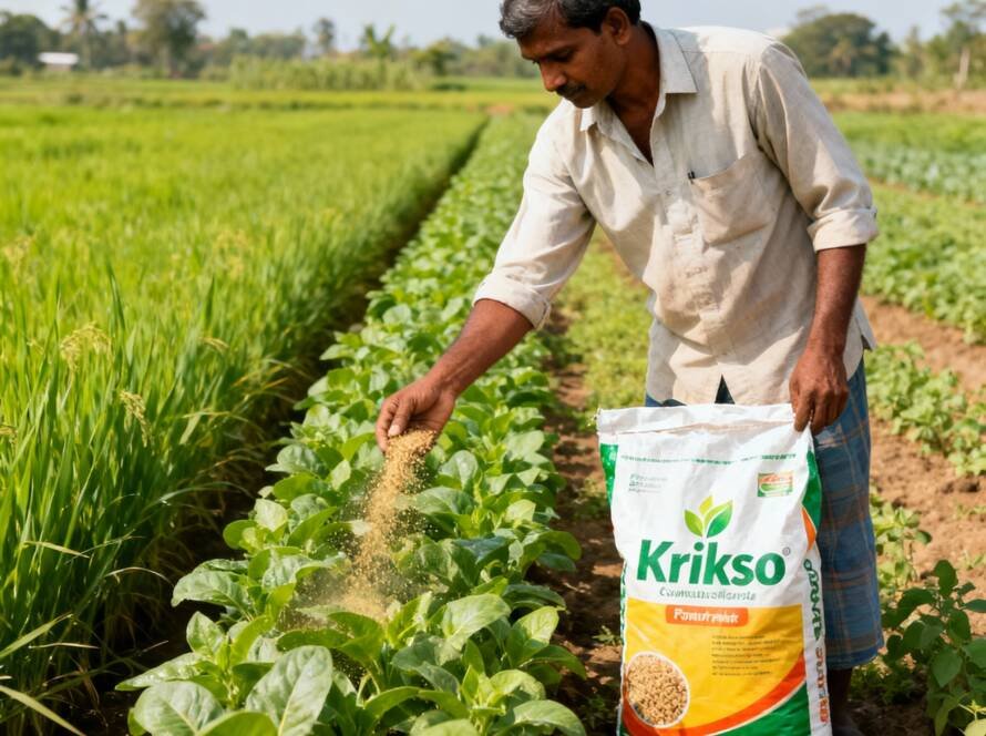 Farmer applying Krikso fertilizers to crops under contract farming