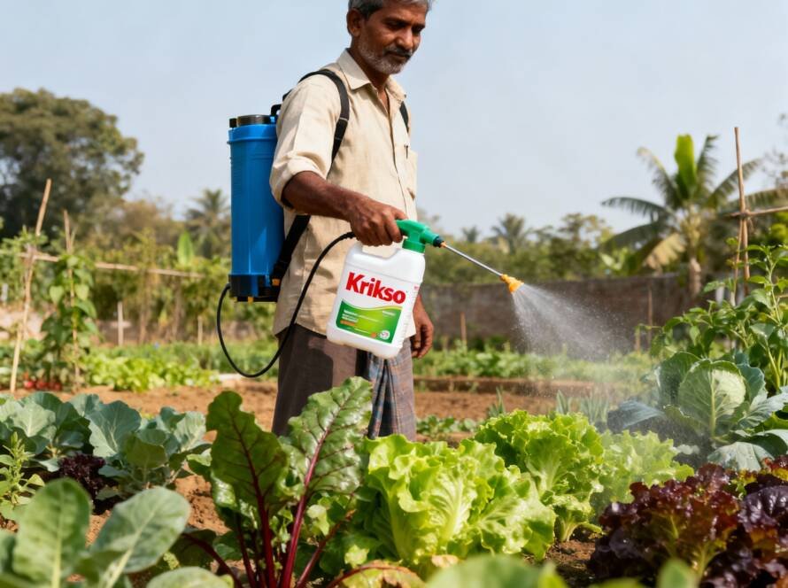 Farmer applying bio-pesticide on vegetable crops