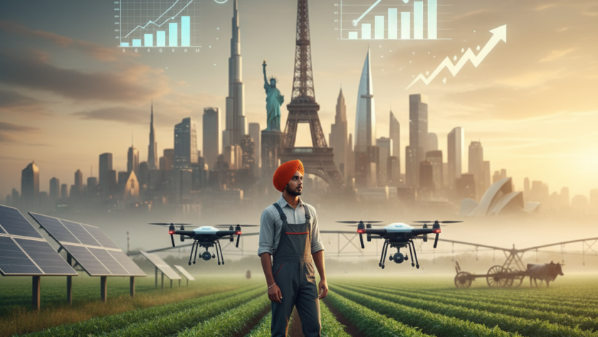 Indian farmer in lush agricultural field
