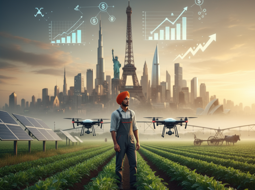 Indian farmer in lush agricultural field