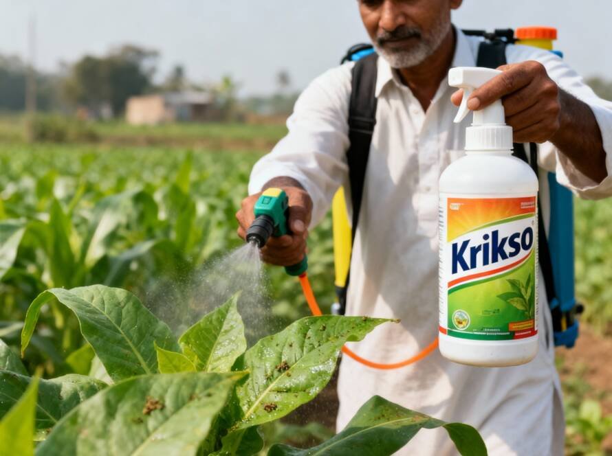 White powdery mildew on crop leaves in a farm field