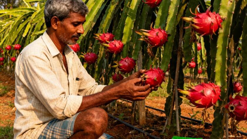 Dragon fruit plants growing on trellises in a contract farming setup