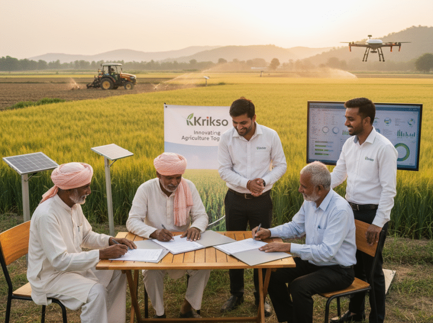 “Indian farmer standing proudly in a green field shaking hands with a KRIKSO representative holding a contract document — symbolizing trust, partnership, and modern contract farming in India.”