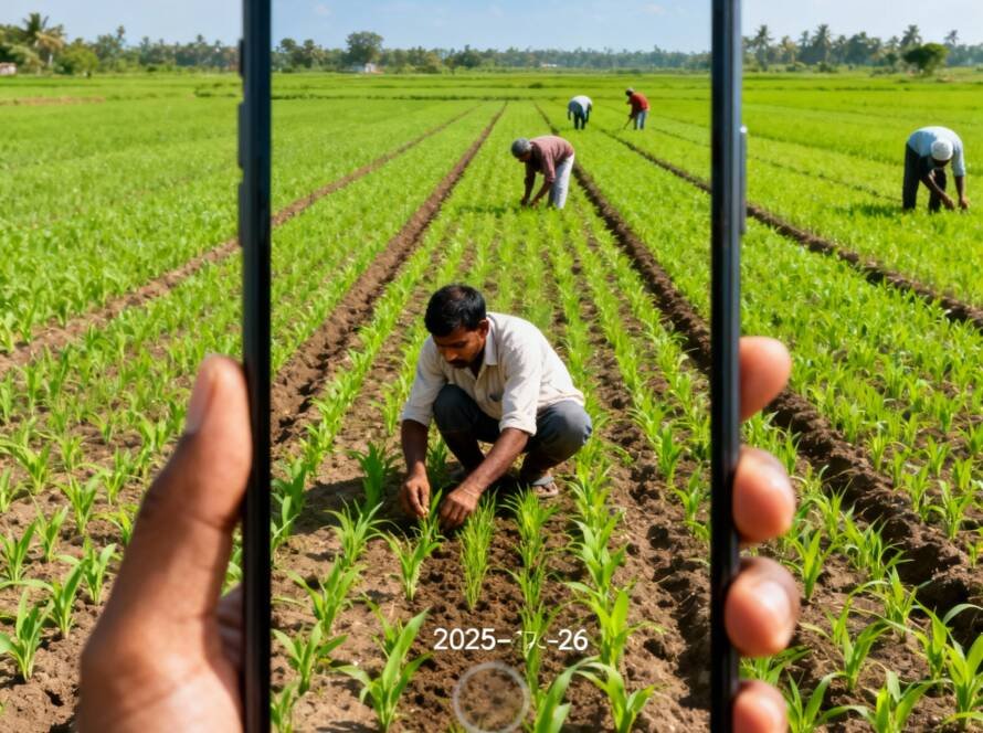 Farmers sowing Kharif crops in fields during monsoon season