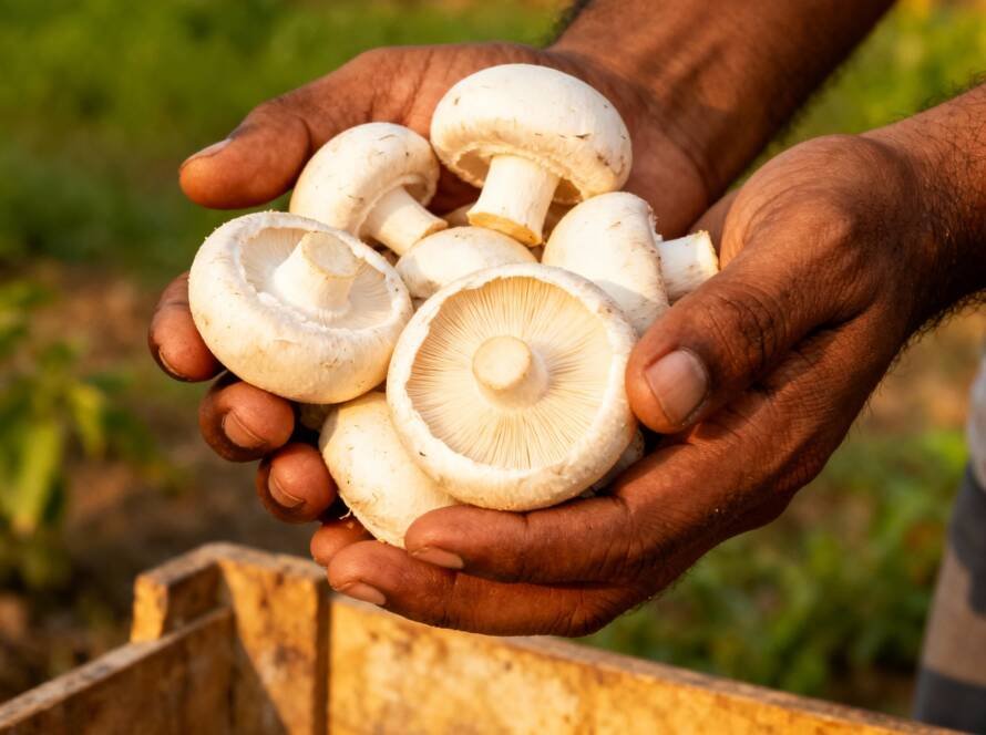 Close-up of quality button mushrooms in farmer's hands showing premium produce ready for Krikso buy-back program