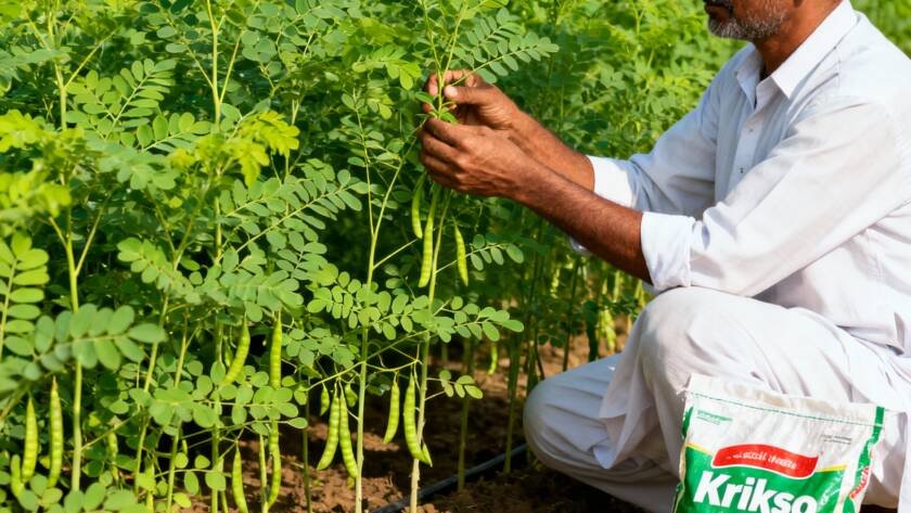 Farmer harvesting Moringa leaves for fresh market and powder