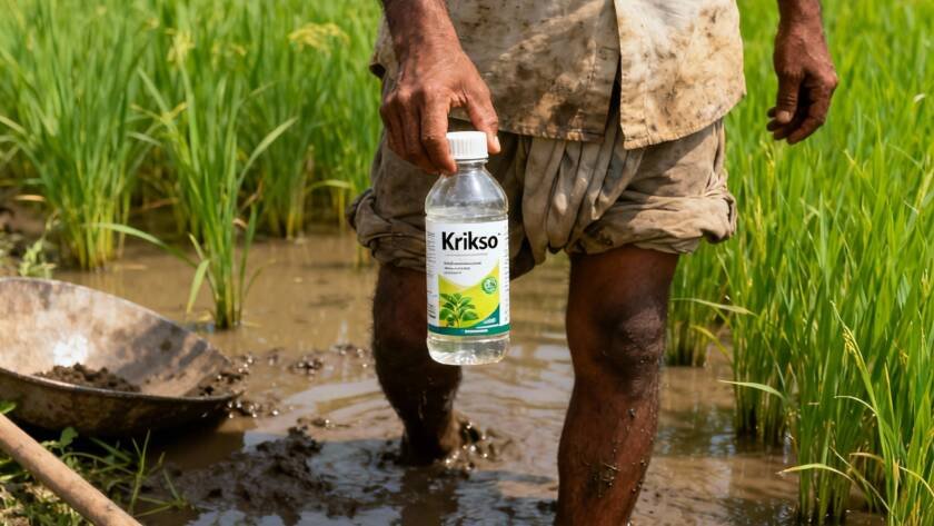 Farmer applying bio-fungicide to paddy crop