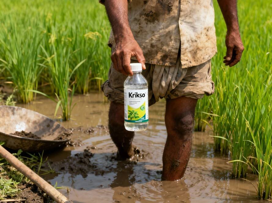 Farmer applying bio-fungicide to paddy crop