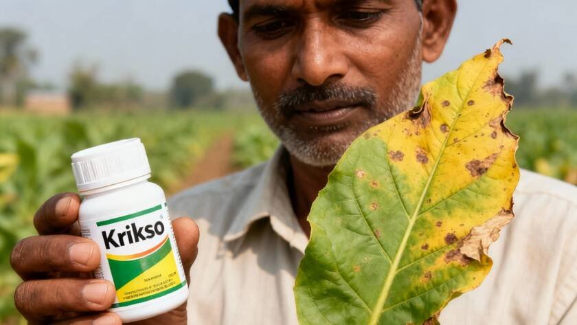 Farmer spraying bio-bactericide on infected plants