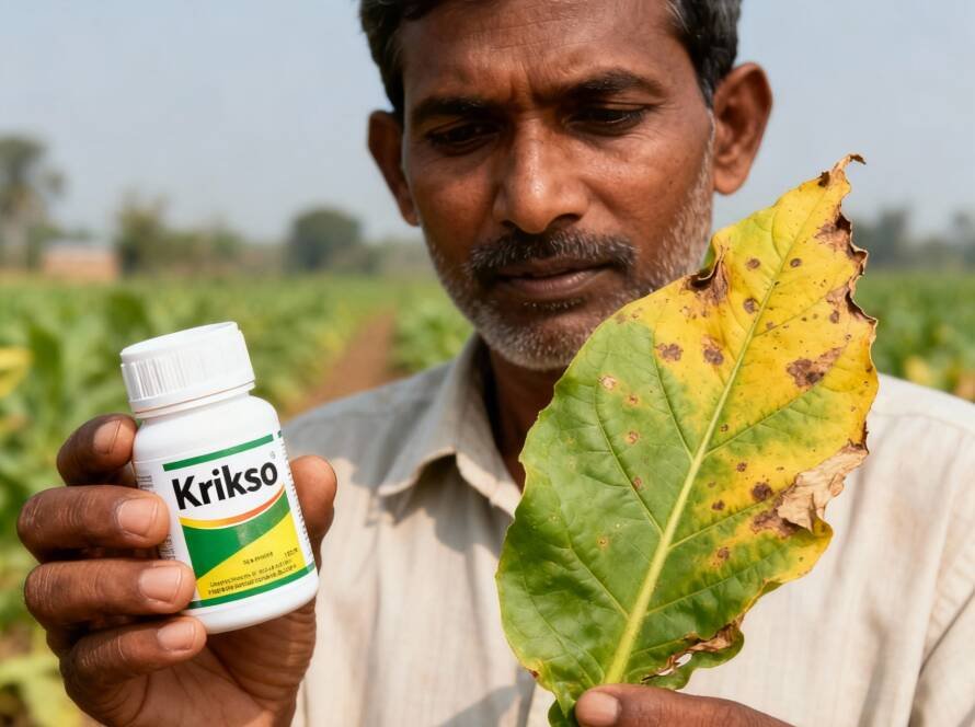 Farmer spraying bio-bactericide on infected plants