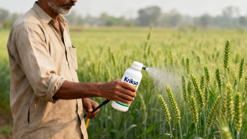 Farmer applying bio-fungicide in wheat field