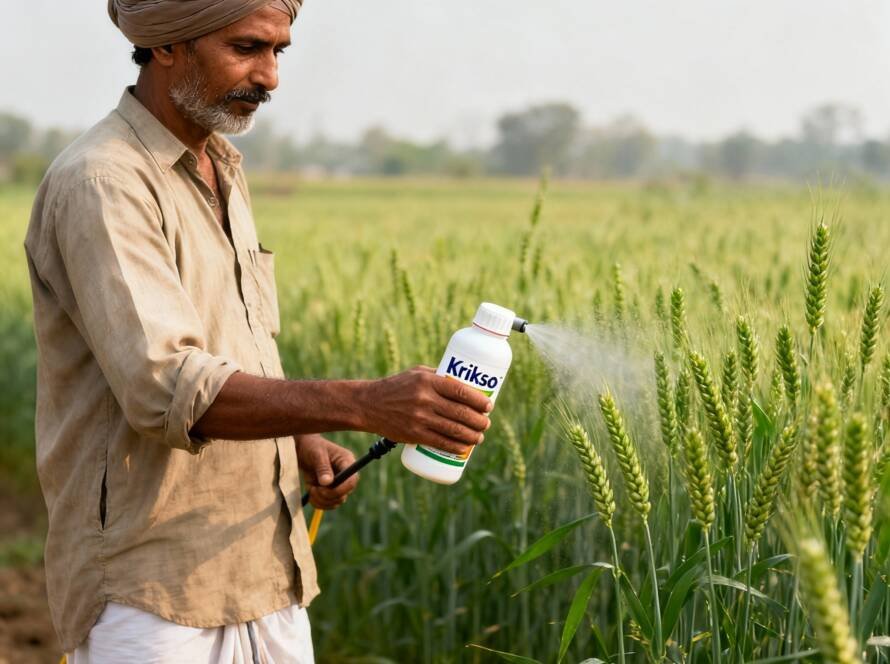 Farmer applying bio-fungicide in wheat field