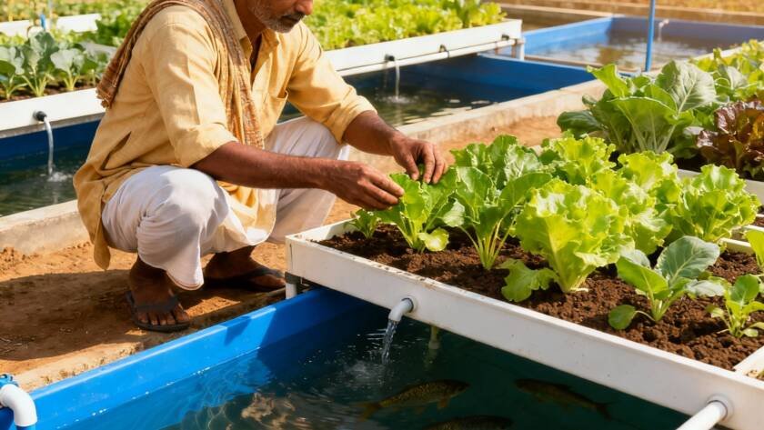 Farmers operating aquaponic setup – Krikso India sustainable agriculture project