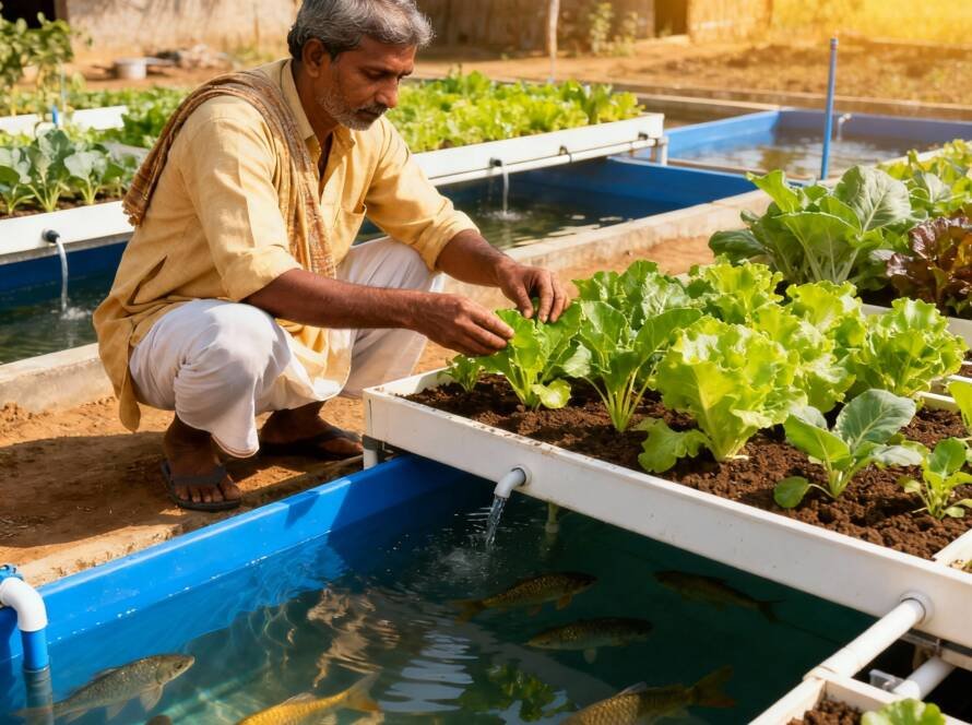 Farmers operating aquaponic setup – Krikso India sustainable agriculture project