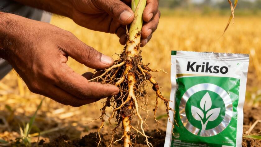 Farmer applying organic soil amendments to prevent root diseases