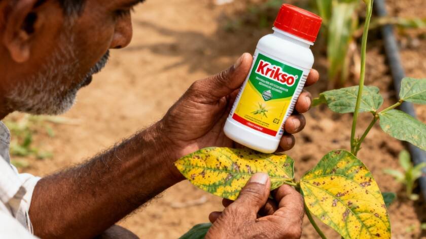 Farmer using organic insecticide to control whiteflies