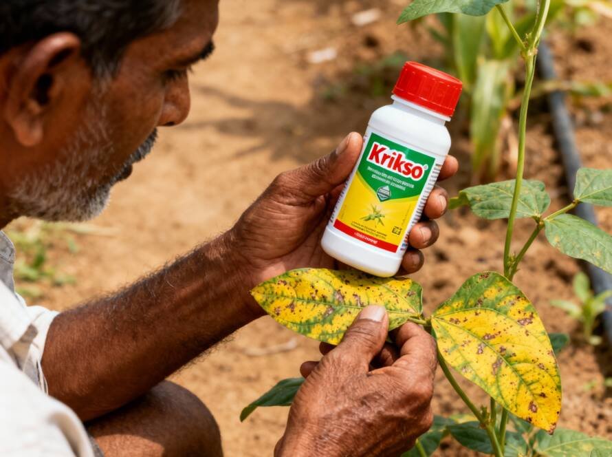 Farmer using organic insecticide to control whiteflies